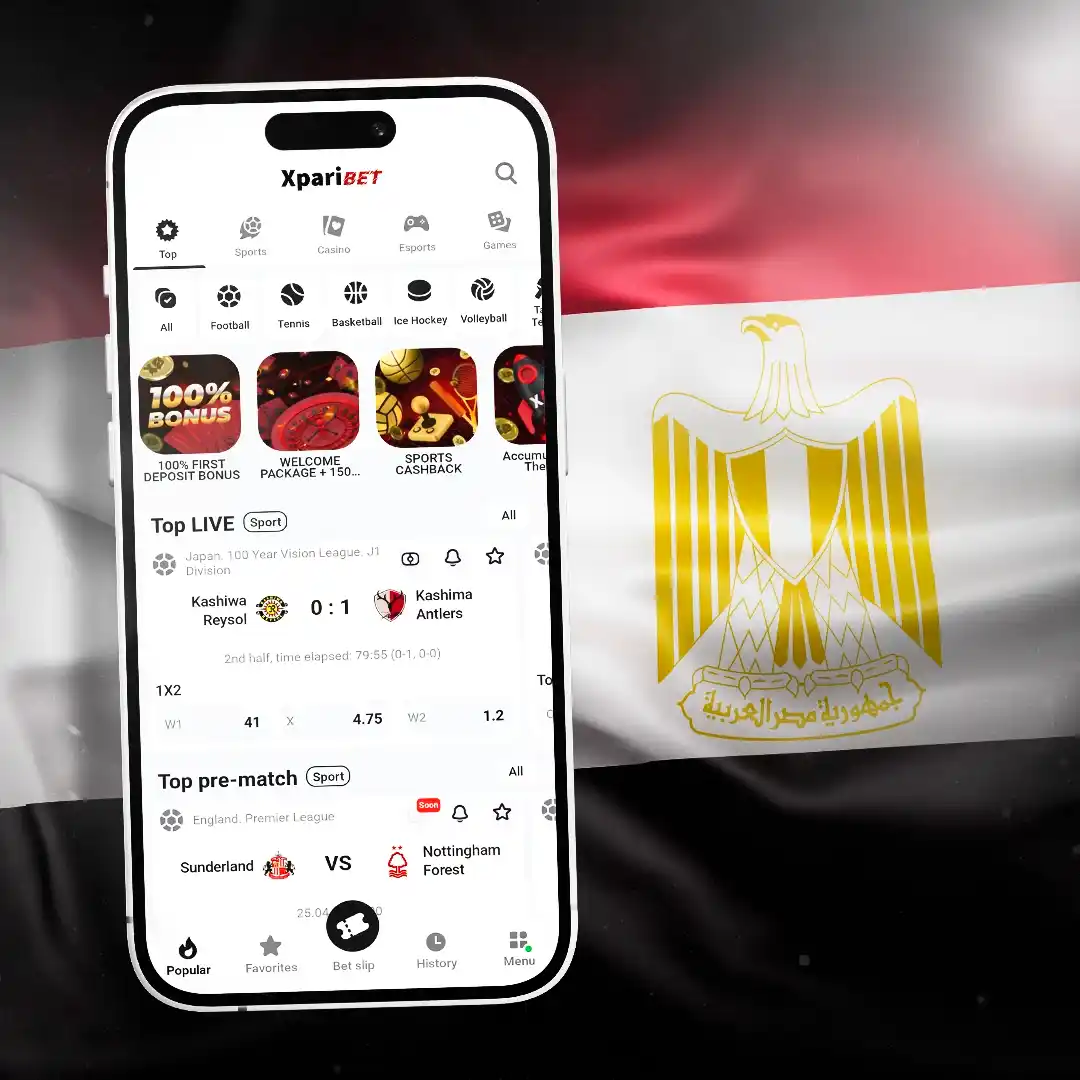 Xparibet mobile app — Sports, Casino, Esports tabs, 100% welcome bonus and live Premier League football on an Egyptian flag