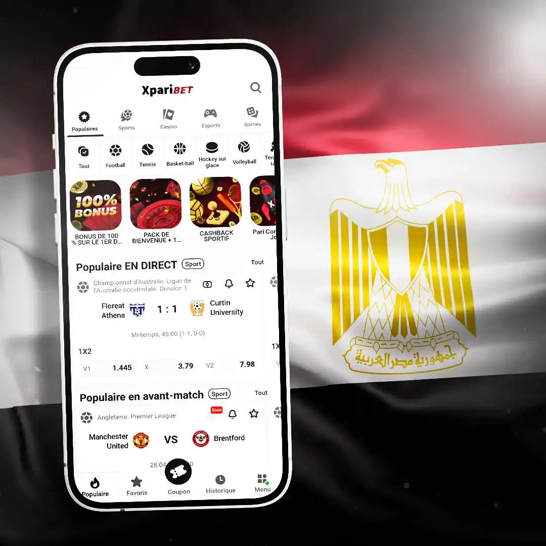 Application mobile Xparibet en français — Sports, Casino, Esports, bonus 100% et paris en direct sur fond de drapeau égyptien